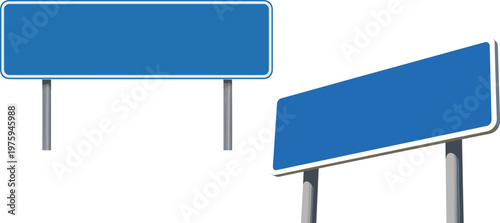 blank billboard mockup, blue advertising signboard, isolated on white background, outdoor signage template, marketing display, empty panel roadside banner advertisement concept