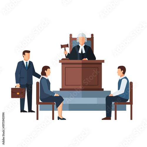 Lawyer, Judge, Courtroom Scene, Legal Justice Concept Illustration