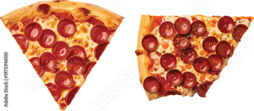 pepperoni pizza slices isolated on white background, delicious italian fast food, cheesy baked crust, top view snack meal concept