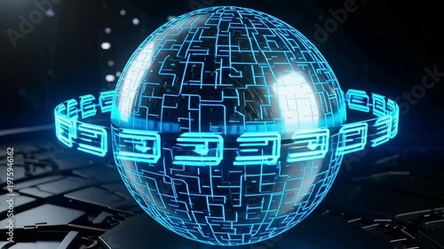 Futuristic glowing sphere with intricate circuitry, representing global technology and digital connection.