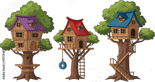  Set of Three Detailed Vector Illustrations Featuring Fantasy Wooden Treehouses with Colorful Roofs Ladders and a Tire Swing for Children's Storybook DesignSet of Three Detailed Vector Illustrations F