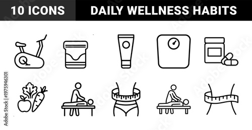 Healthcare and fitness line icons for wellness and healthy living
