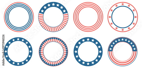 USA patriotic circle border designs, flat vector artwork featuring stars and stripes in circular frames, ideal for July 4th, national events, and American-themed graphics.