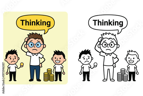 Confused man with glasses pondering money choices with two boys in a thoughtful dilemma.