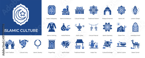 Islamic Culture Icon set Collection in Glyph Two Color Style. religion, arabic, mosque, lantern, muslim, pray