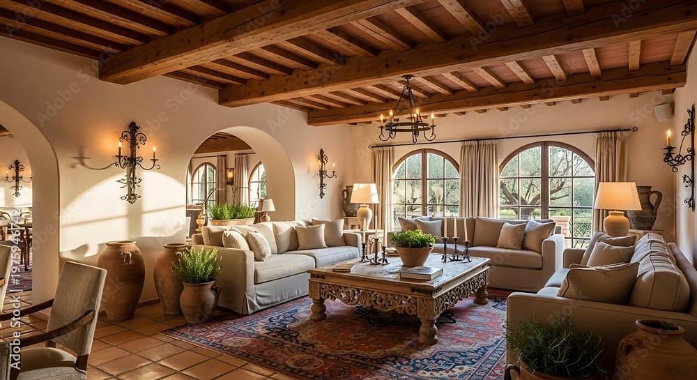 Fototapeta premium Luxurious Living Room with Arched Windows and Exposed Wooden Beams.