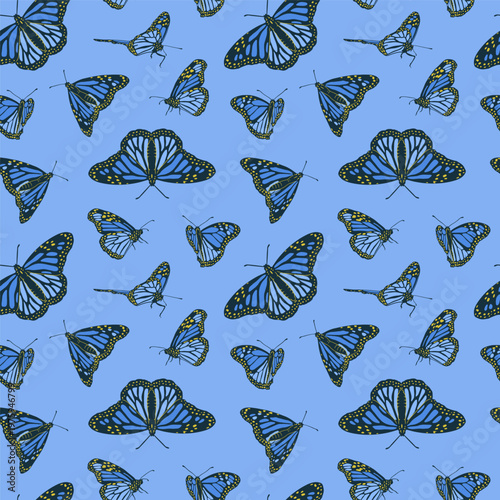 Abstract bohemian hand drawn monarch butterfly blue and teal seamless pattern. Tropical insect flutter repeat design