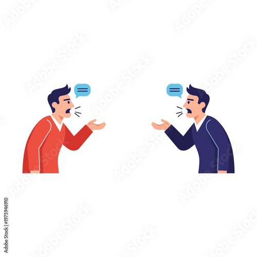 Two men arguing, conflict, disagreement, conversation, communication, vector illustration