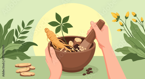 Illustration of hands mixing herbs and spices in a mortar with a pestle on a natural background with green leaves and yellow flowers.