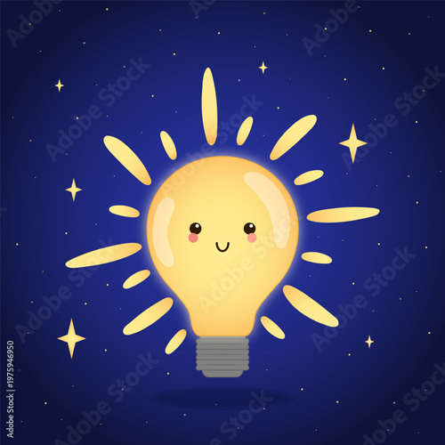 Cute glowing light bulb character. Idea, inspiration and creativity concept vector illustration