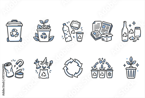 Hand Drawn Trash Sorting Icons – Recycling & Waste Separation Set