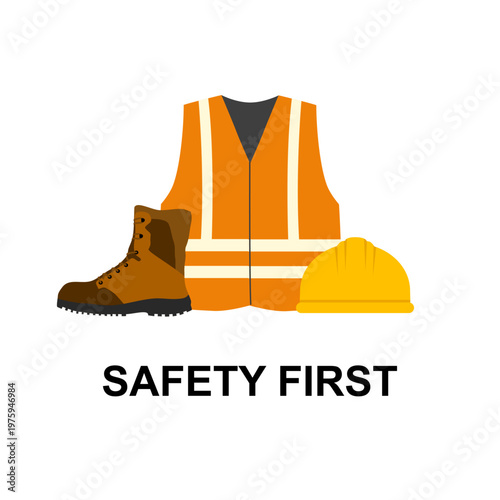 Safety first concept. Engineer helmet, safety shoe, vest and gloves in flat design on white background.