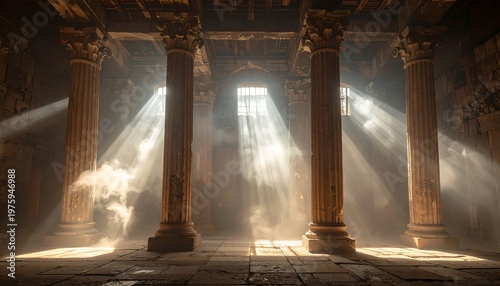 Ancient Temple Interior with Dramatic Light Beams.