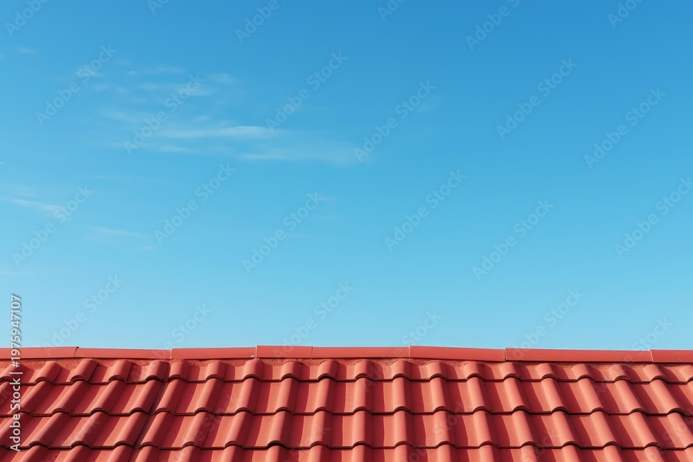 Naklejka premium Red roof tiles with clean lines under a bright, sunny blue sky