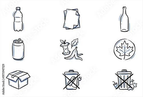 Hand Drawn Trash Sorting Icons – Recycling & Waste Separation Set