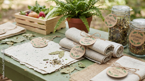 Eco friendly still life featuring organic products and natural elements on table