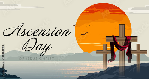 Ascension Day Banner Design with Three Crosses on Hill over Dramatic Sunset Background 