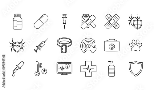 Animal healthcare pet treatment outline icons editable vector set