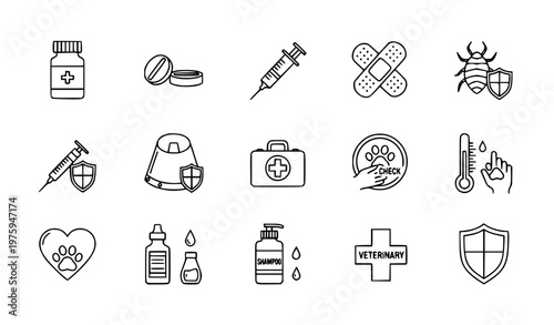 Safe pet treatment icons veterinary line editable stroke set