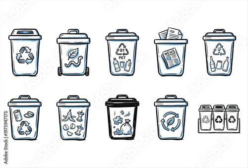 Hand Drawn Trash Sorting Icons – Recycling & Waste Separation Set