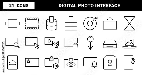 Minimalist photography and digital image editing icon set in linear style.