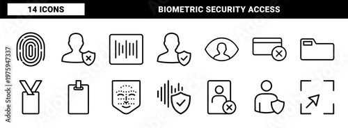 Biometric identity and security line icons for facial recognition and digital access