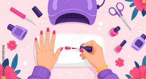 Flat lay of a person getting pink nails painted with nail polish and tools on a pastel pink background with flowers.