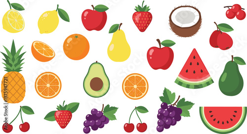 Colorful Fruit Vector Illustration Set Featuring Pineapple, Watermelon, Apple, Orange, Avocado, Grapes and Fresh Organic Food Collection Design.