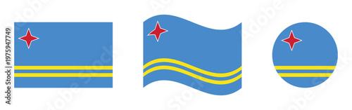 Aruba Flag Vector Illustration Set Flat, Waving, and Round Circular Icons Isolated on White
