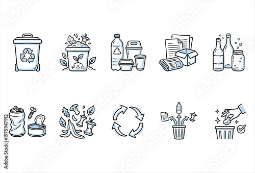 Hand Drawn Trash Sorting Icons – Recycling & Waste Separation Set