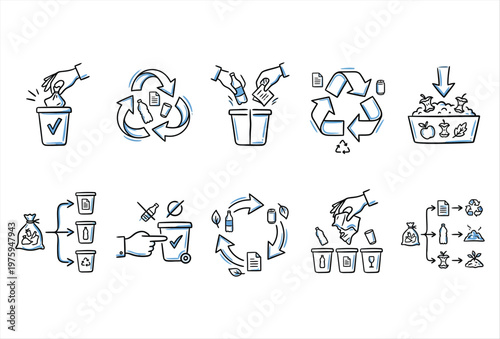Hand Drawn Trash Sorting Icons – Recycling & Waste Separation Set