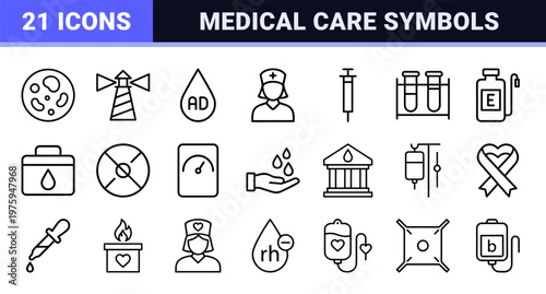 Hematology and blood donation thin line icons set