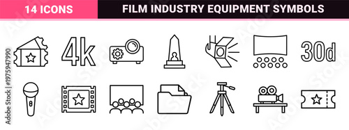 Minimalist cinema and movie production line icon set