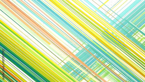 Diagonal stripes of yellow, green, teal, and orange intersect on a white background, creating an abstract art piece