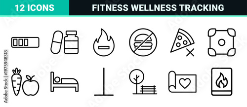 Health and fitness line icon set for wellness and workout tracking