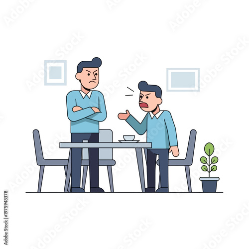 Two men arguing at a table, conflict, disagreement, tension, office meeting, flat illustration