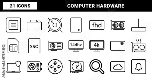 Minimalist computer hardware and pc gaming component outline icon set