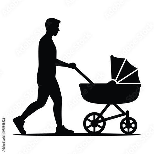 Silhouette of a father pushing a baby stroller, walking with child, daily life, outdoor activity, domestic life
