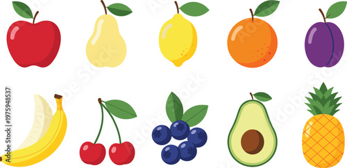 Simple Fruit Vector Illustration Set Featuring Apple, Banana, Avocado, Pineapple, Cherry, Blueberry, Orange and Fresh Organic Food Collection Design.