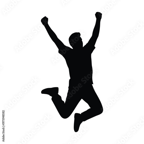 Silhouette of a man jumping for joy with arms raised, celebrating success, dynamic pose, positive emotion, white background