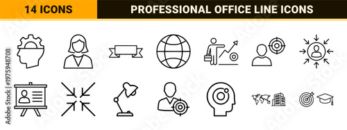 Thin black line corporate business icons set for professional services on white background.