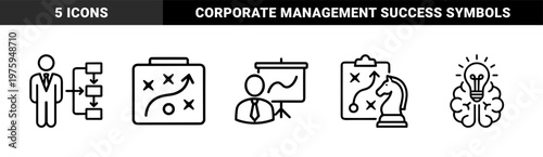 Business management and strategic planning line icons on white grid.