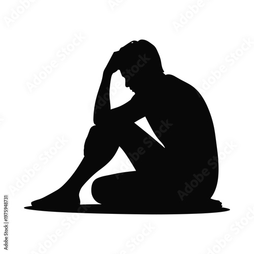 Silhouette of a person sitting and holding head in despair with mental health with white background with negative emotion