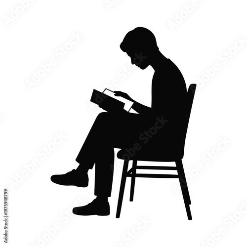 Silhouette of a person sitting on a chair reading a book with white background with literature lover with knowledge seeker