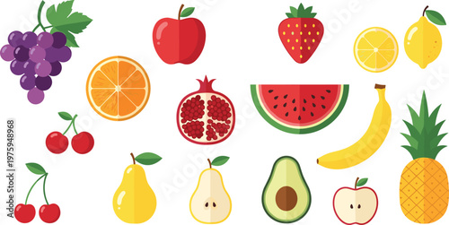 Colorful Fruit Collection Vector Illustration Featuring Apple, Banana, Pineapple, Grapes, Watermelon, Avocado and Fresh Organic Food Set Design.