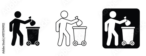 Person throwing away trash in a garbage can, vector illustration in different styles—outline, solid, and flat—for waste management, recycling, and environmental awareness design projects.