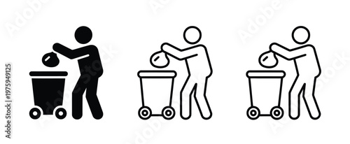 Person disposing of garbage in a trash bin, multi-style vector artwork showing outline, solid, and hand-drawn versions, perfect for sanitation, eco-friendly, and public service graphics.