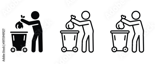 Person throwing away trash in a garbage can, vector illustration in different styles—outline, solid, and flat—for waste management, recycling, and environmental awareness design projects.