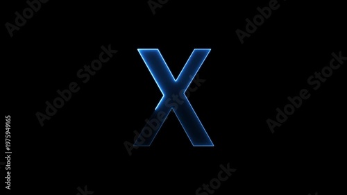 Glowing neon letter 'X' symbol, a shiny light font illustration on a black background English alphabet education type word writing letter text effect smooth footage sign symbol with black background