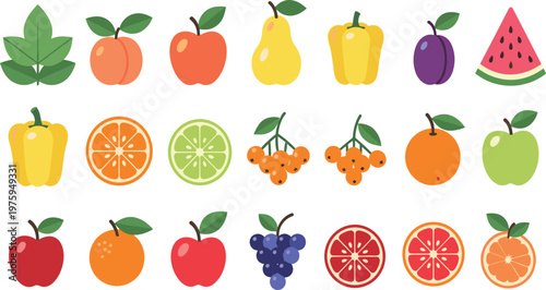 Colorful Fruits and Vegetables Vector Illustration Set Featuring Apple, Orange, Lemon, Grapes, Pepper and Fresh Organic Food Collection Design.